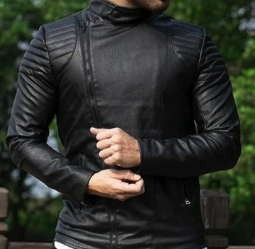 تصویر کاپشن چرم زیپ کج مردانه بسیار زیبا و با کیفیت - M ا Men's crooked zipper leather jackets Men's crooked zipper leather jackets