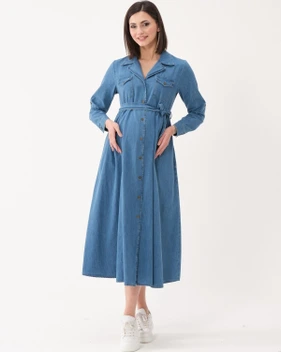 تصویر لباس زنانه جین میدی قد کمربند دار جلوی بارداری 
