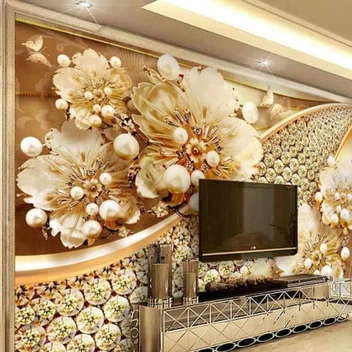 تصویر کاغذ دیواری سه بعدی گل های طلایی و نگینی 