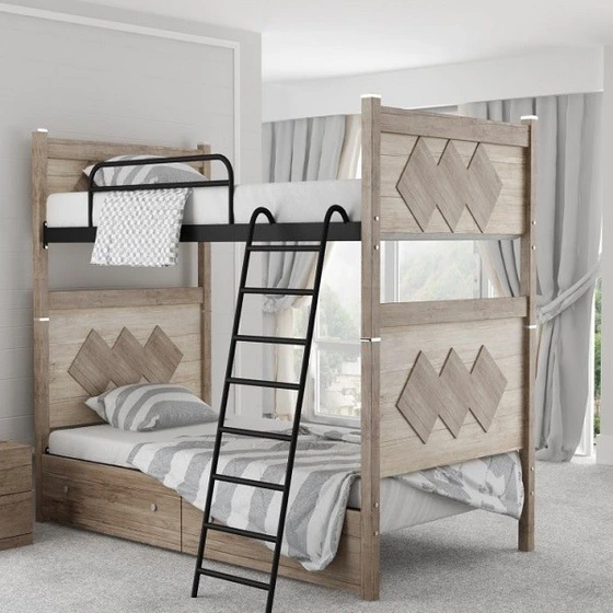 تصویر تخت خواب دو طبقه چوبی مدل لوزی با کشو بدون تشک 
